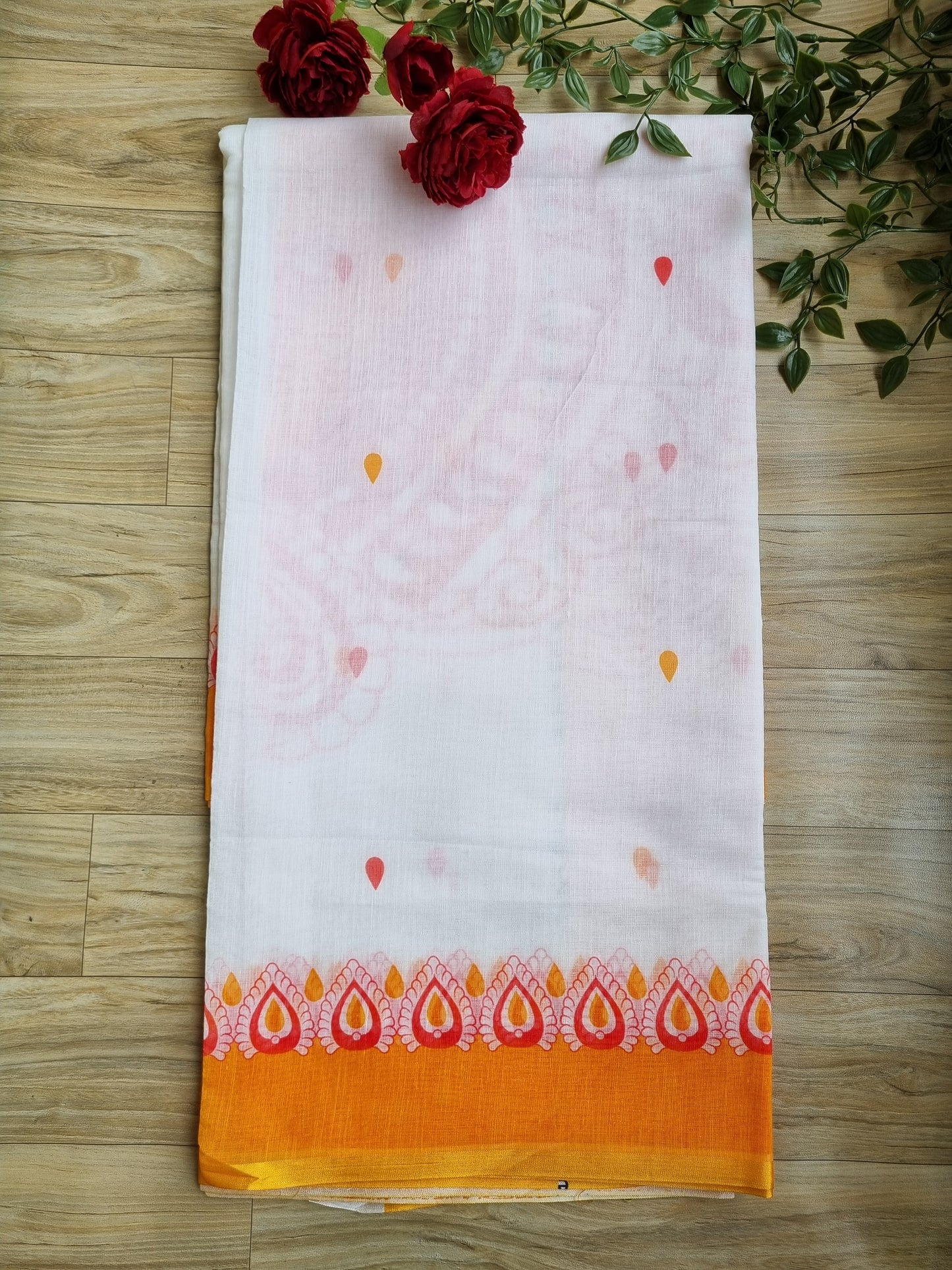 WHITE & RED PURE COTTON DURGA PRINT SAREE