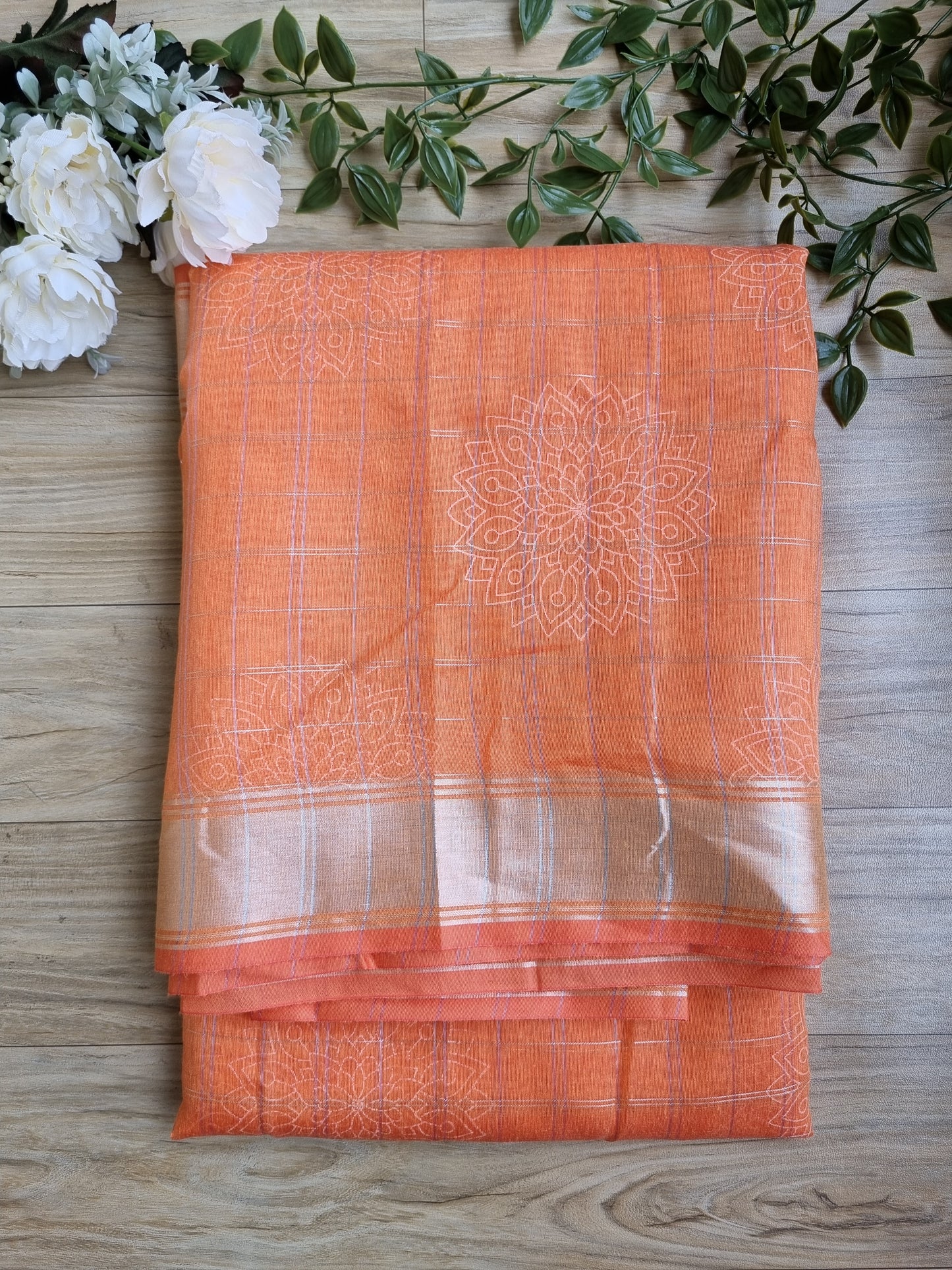 PURE COTTON ORANGE SAREE WITH SILVER ZARI BORDER