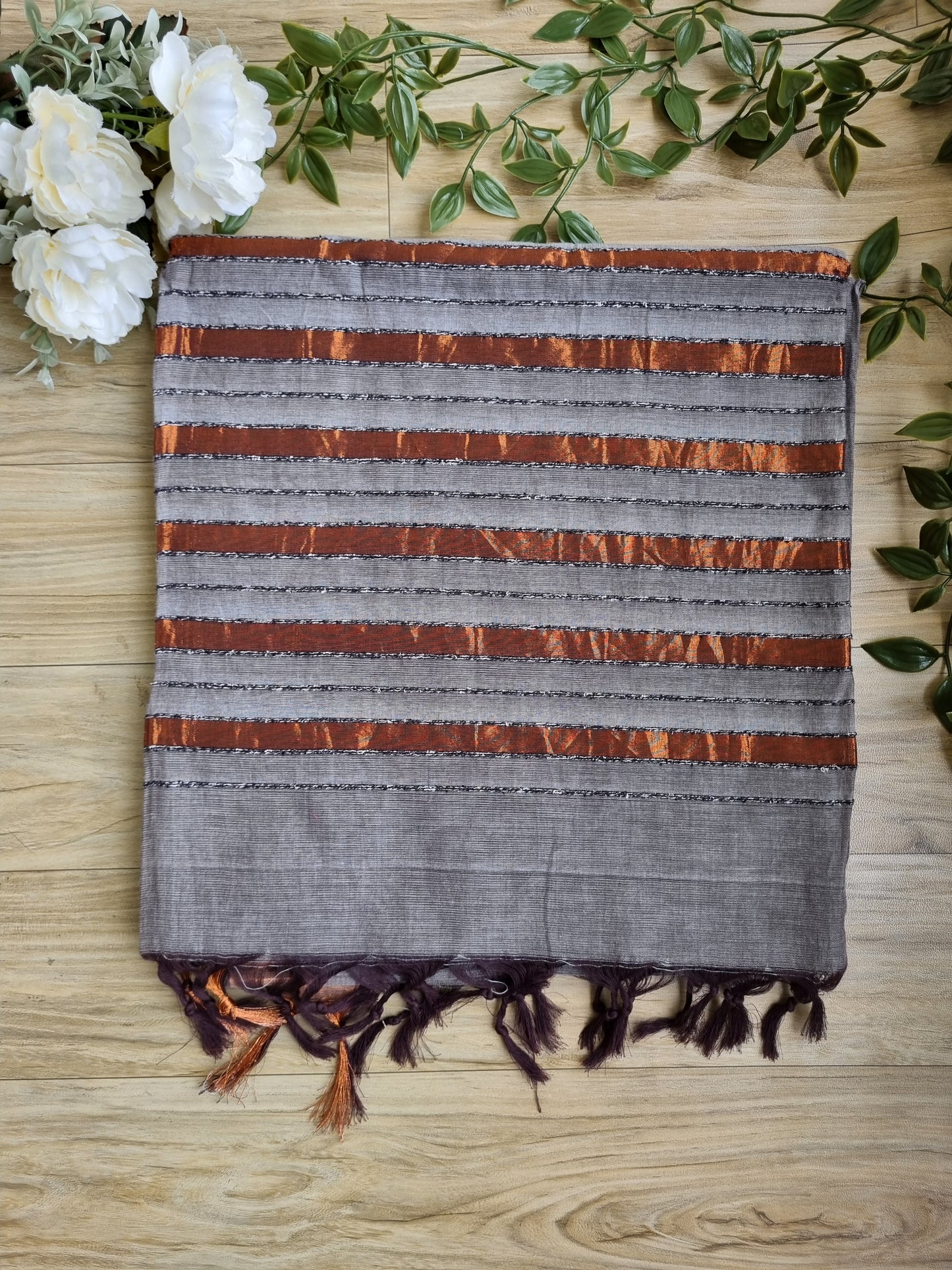 PURE COTTON GREY SAREE WITH COPPER BORDER
