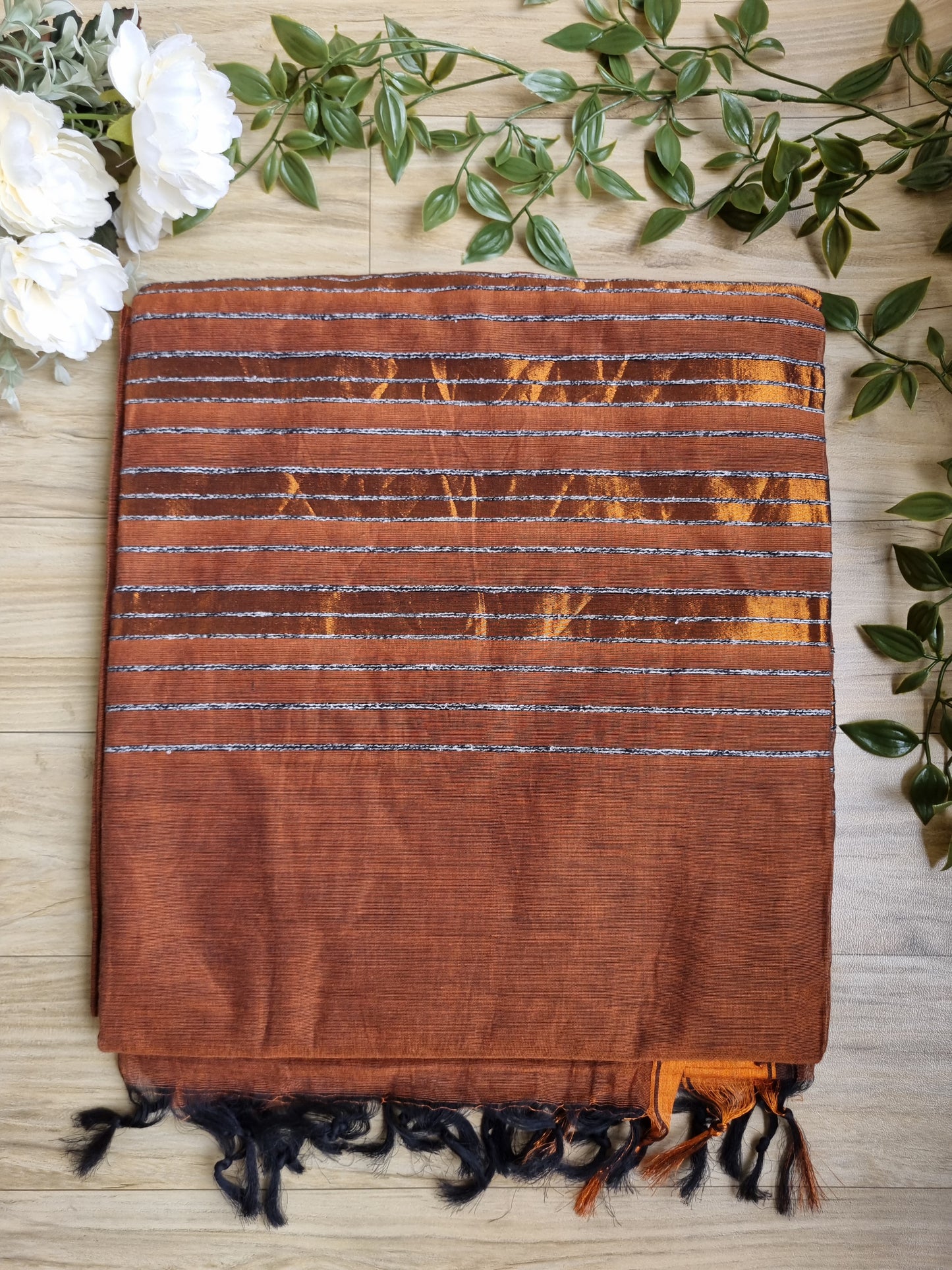 PURE COTTON BROWN SAREE WITH COPPER BORDER