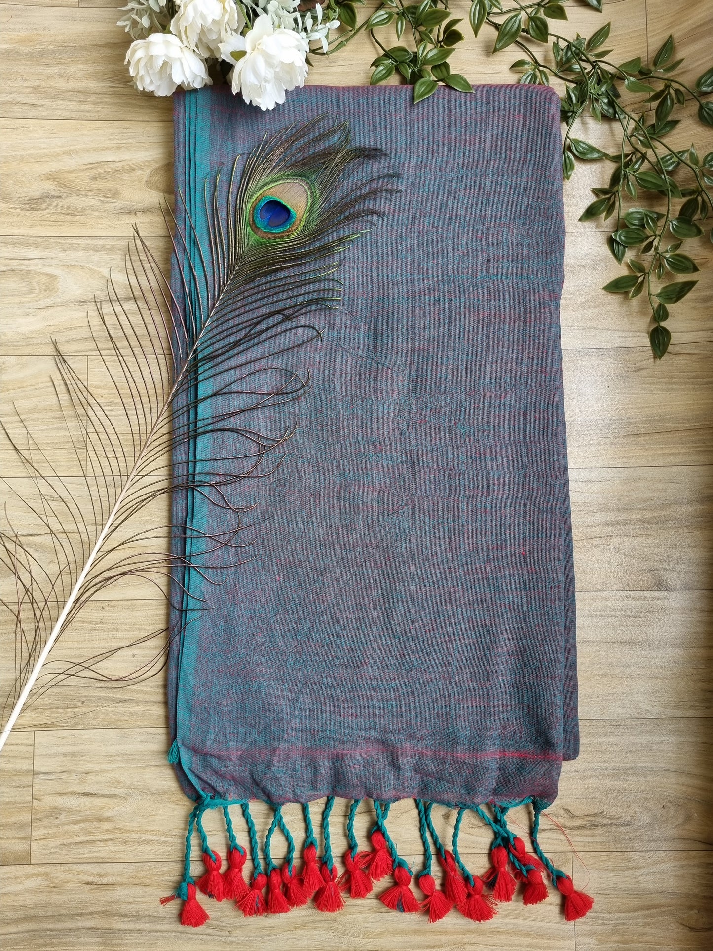 TEAL GREEN KHADI COTTON SAREE