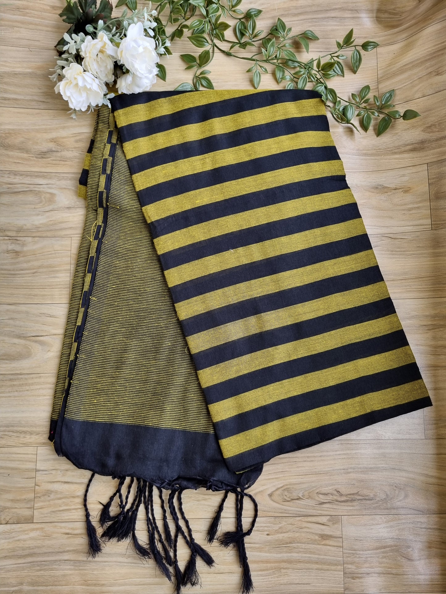 YELLOW AND BLACK STRIPED KHADI COTTON SAREE