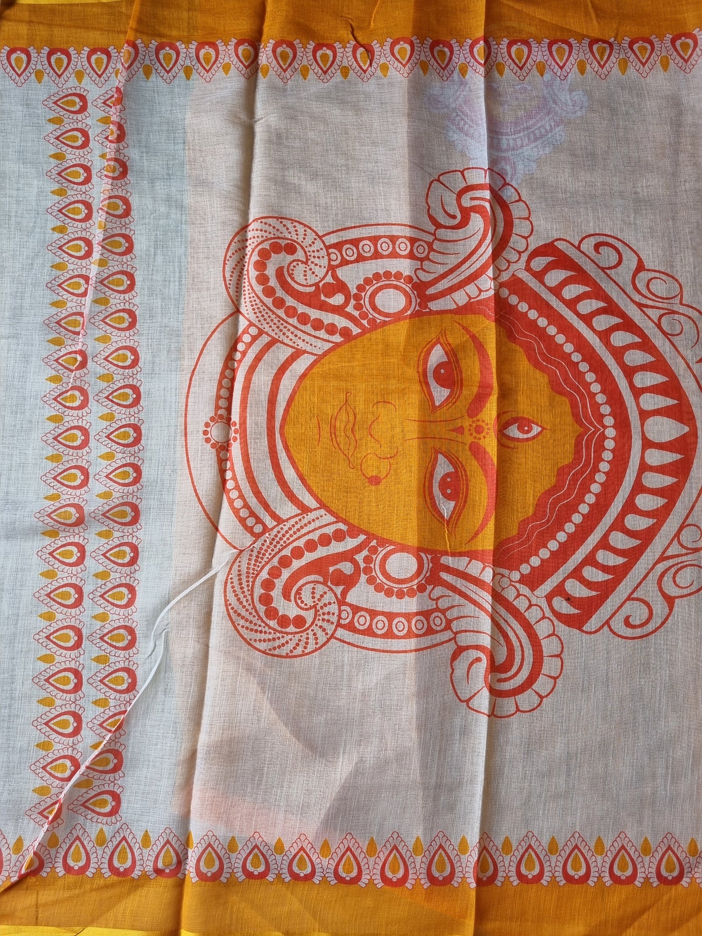 WHITE & RED PURE COTTON DURGA PRINT SAREE