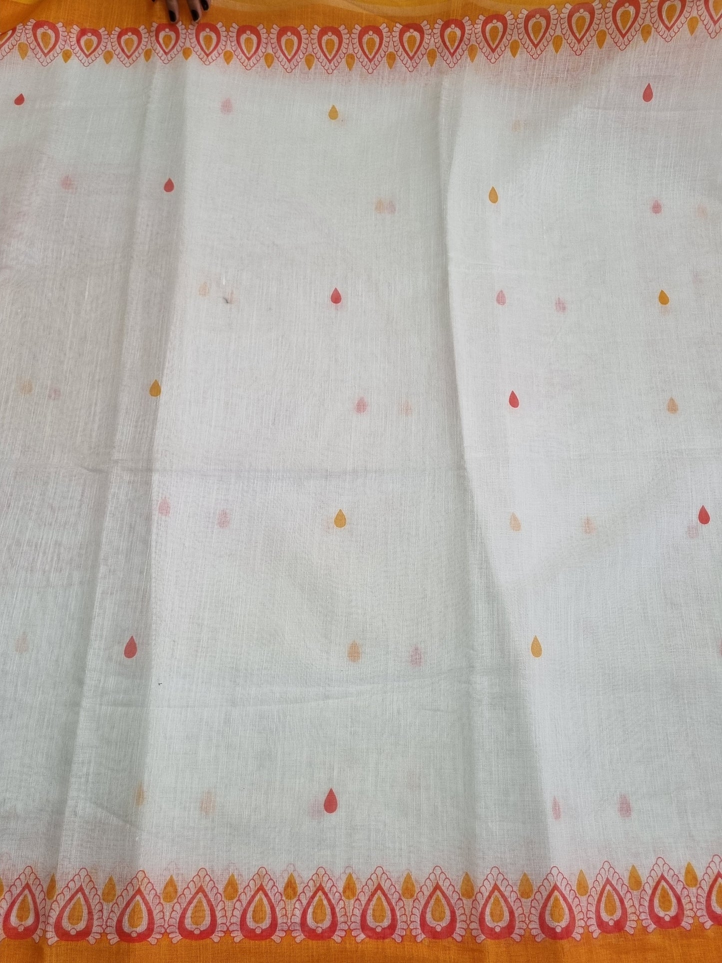 WHITE & RED PURE COTTON DURGA PRINT SAREE