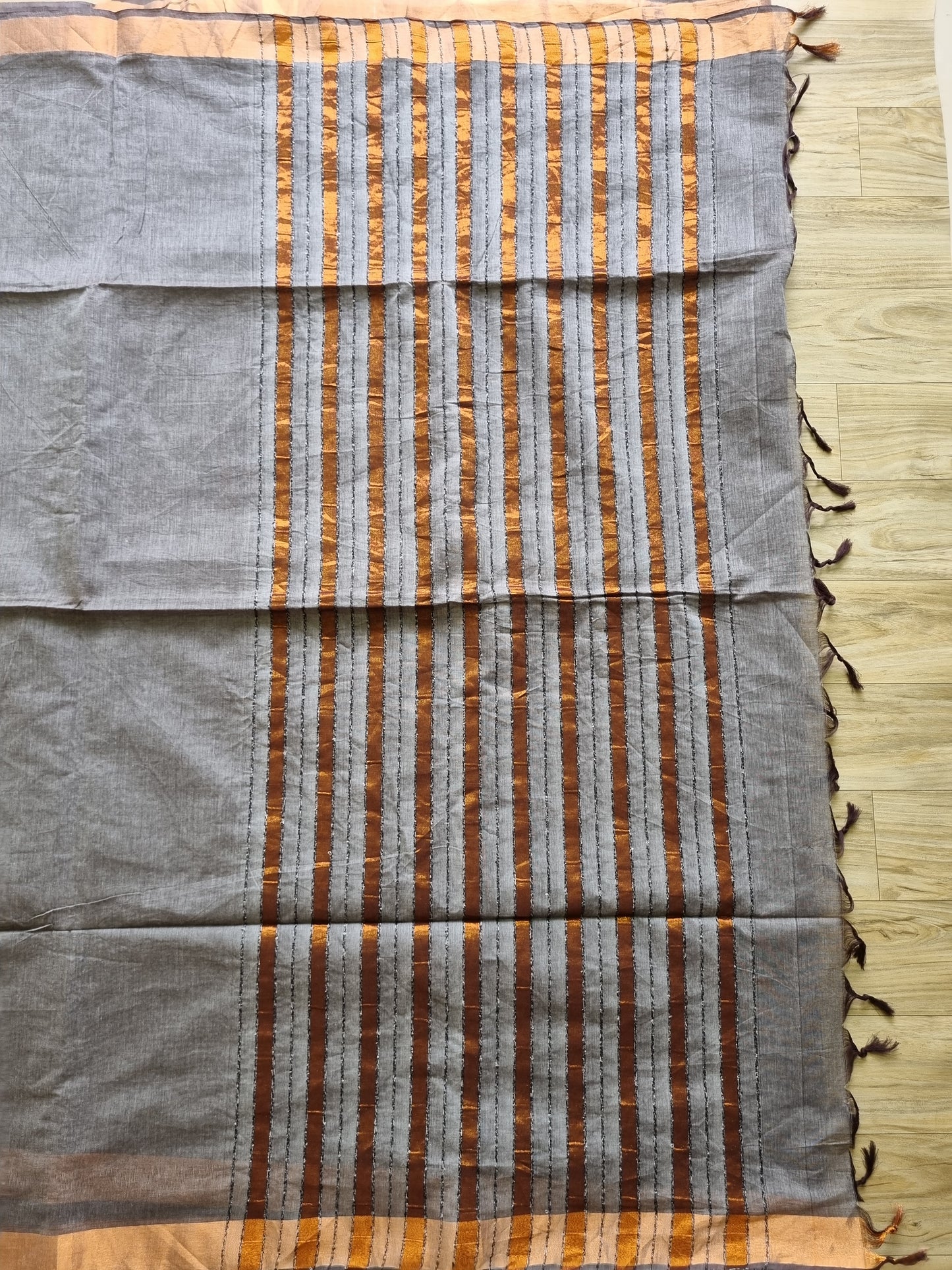 PURE COTTON GREY SAREE WITH COPPER BORDER