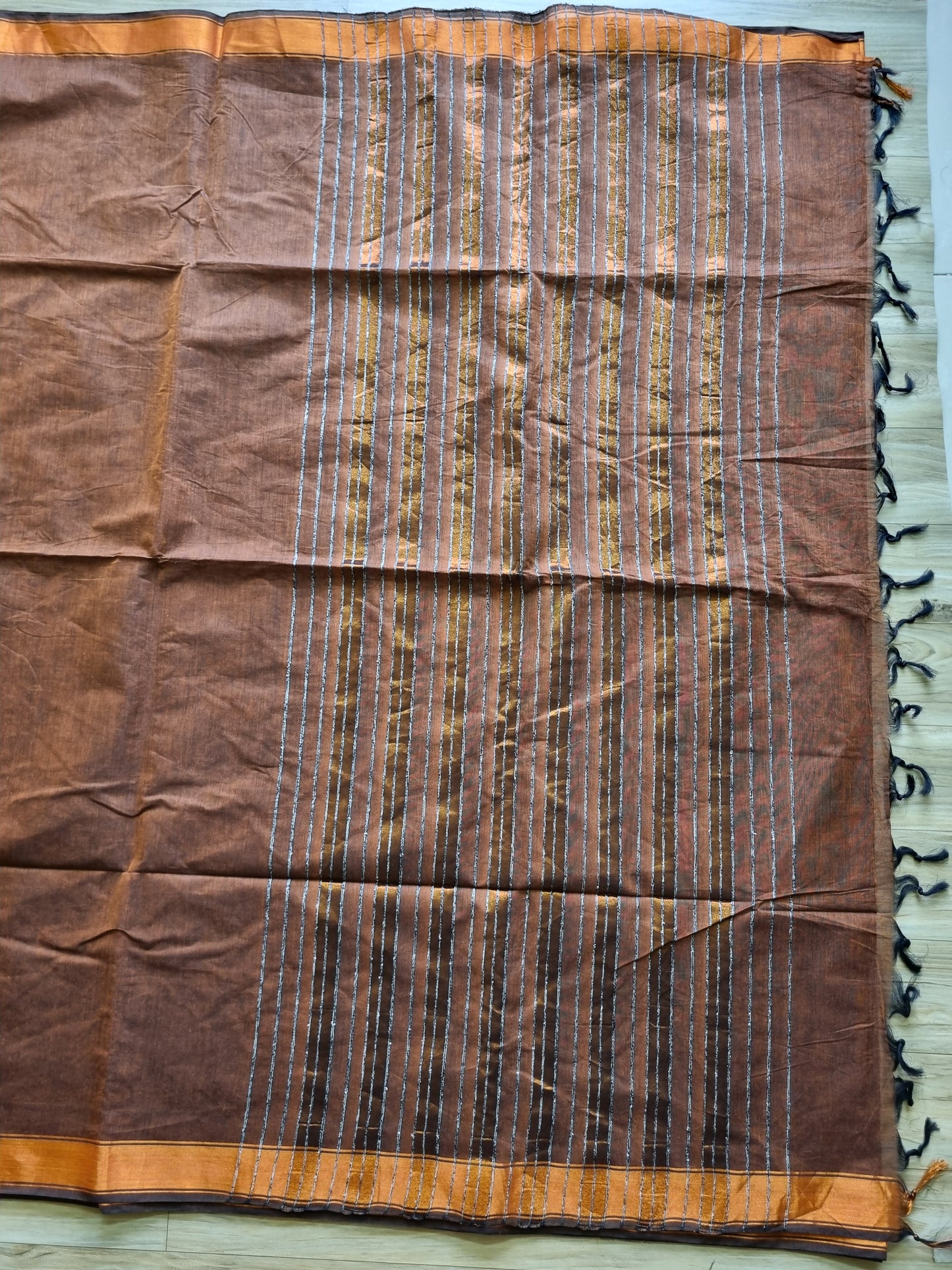 PURE COTTON BROWN SAREE WITH COPPER BORDER