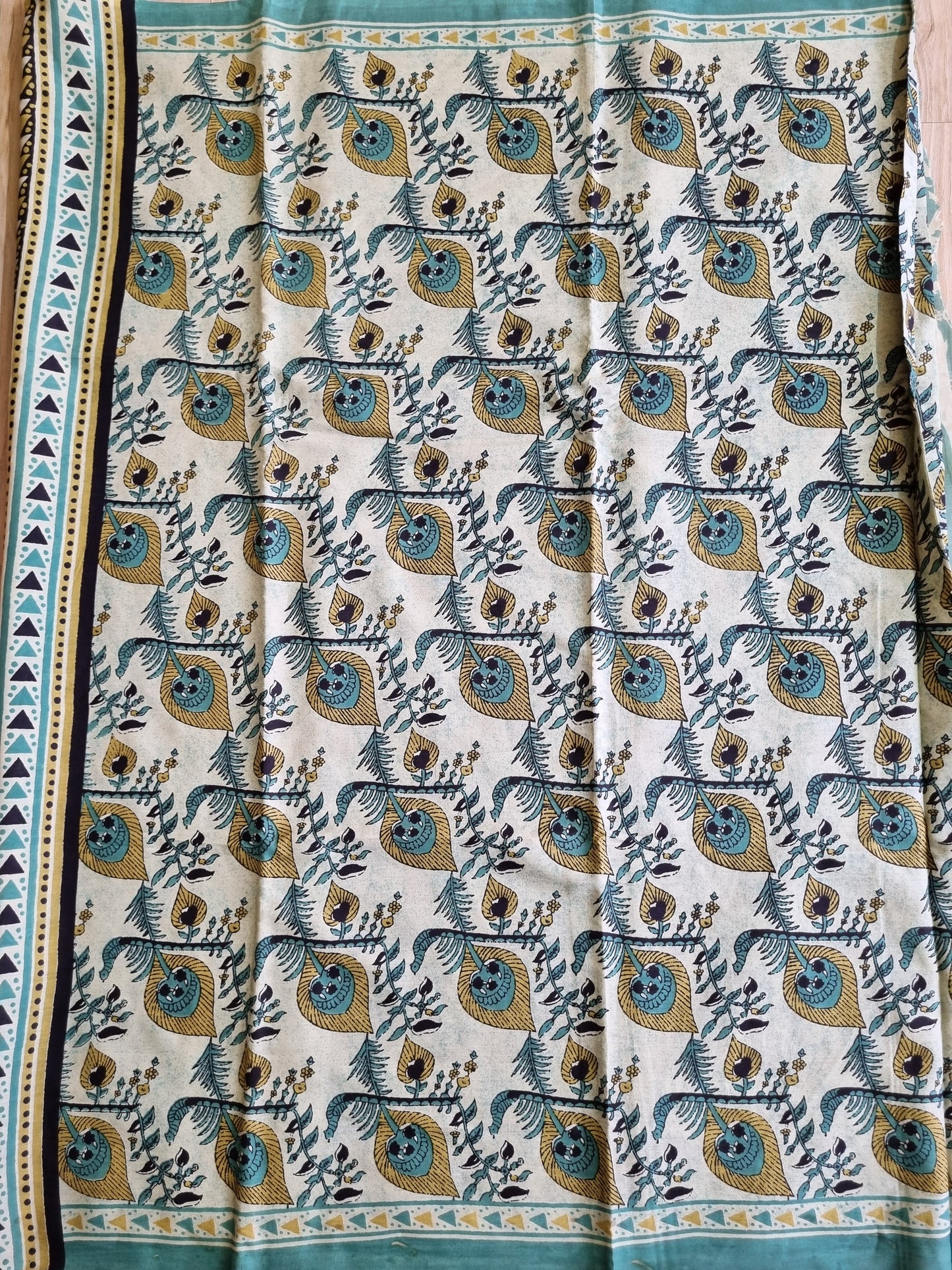PEACOCK FEATHER MINT GREEN MUL COTTON SAREE