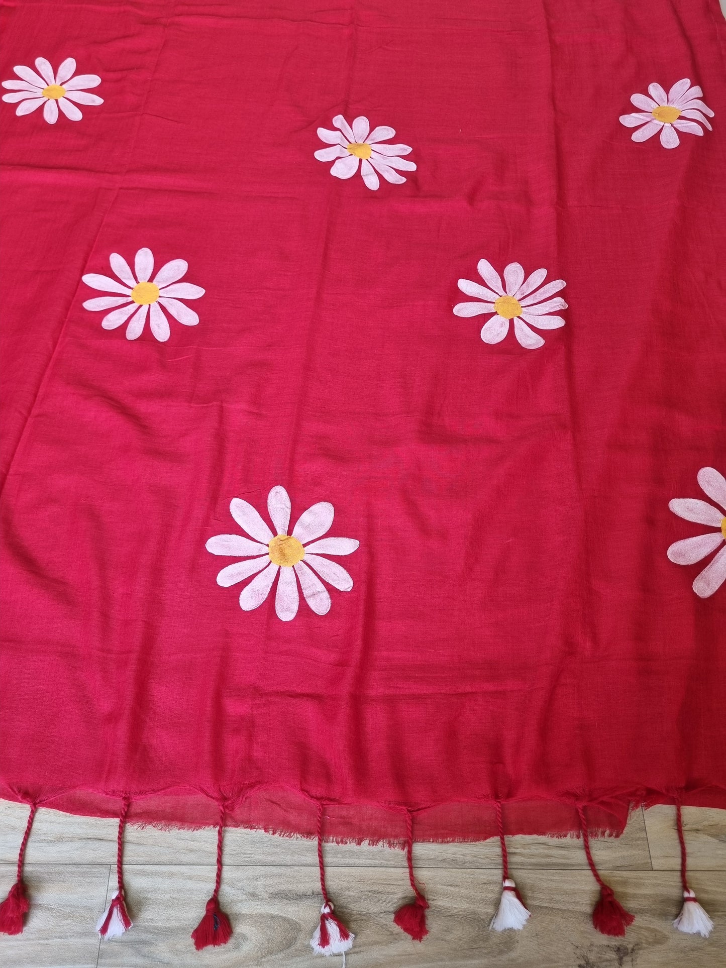 DEEP RED DASIY HAND PAINTED KHADI COTTON SAREE