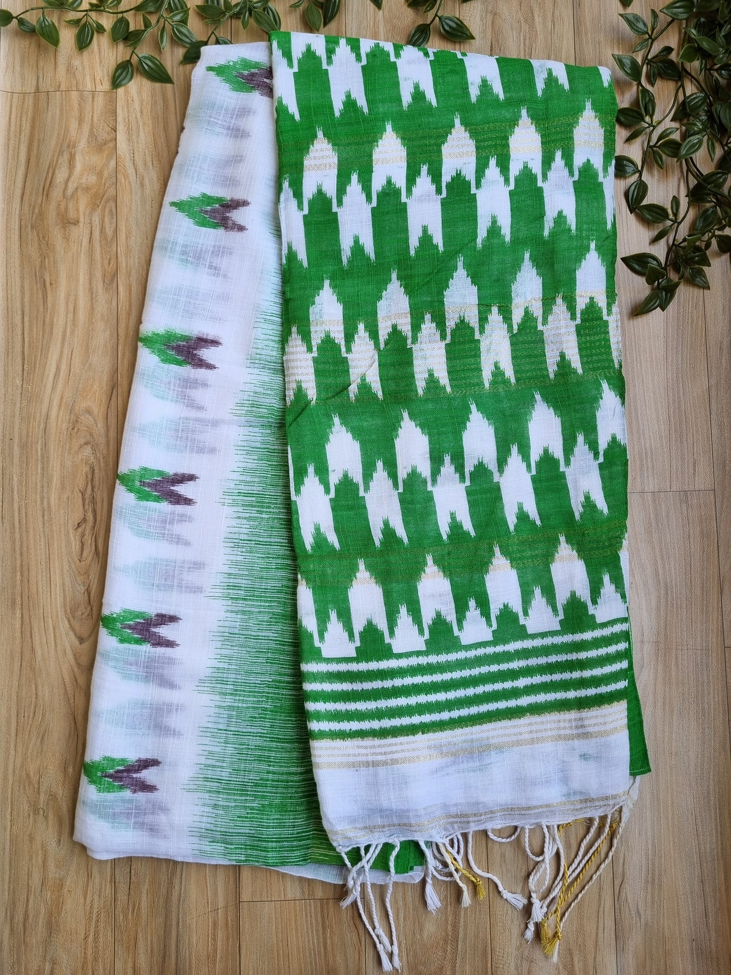 GREEN & WHITE IKKAT LINEN SAREE