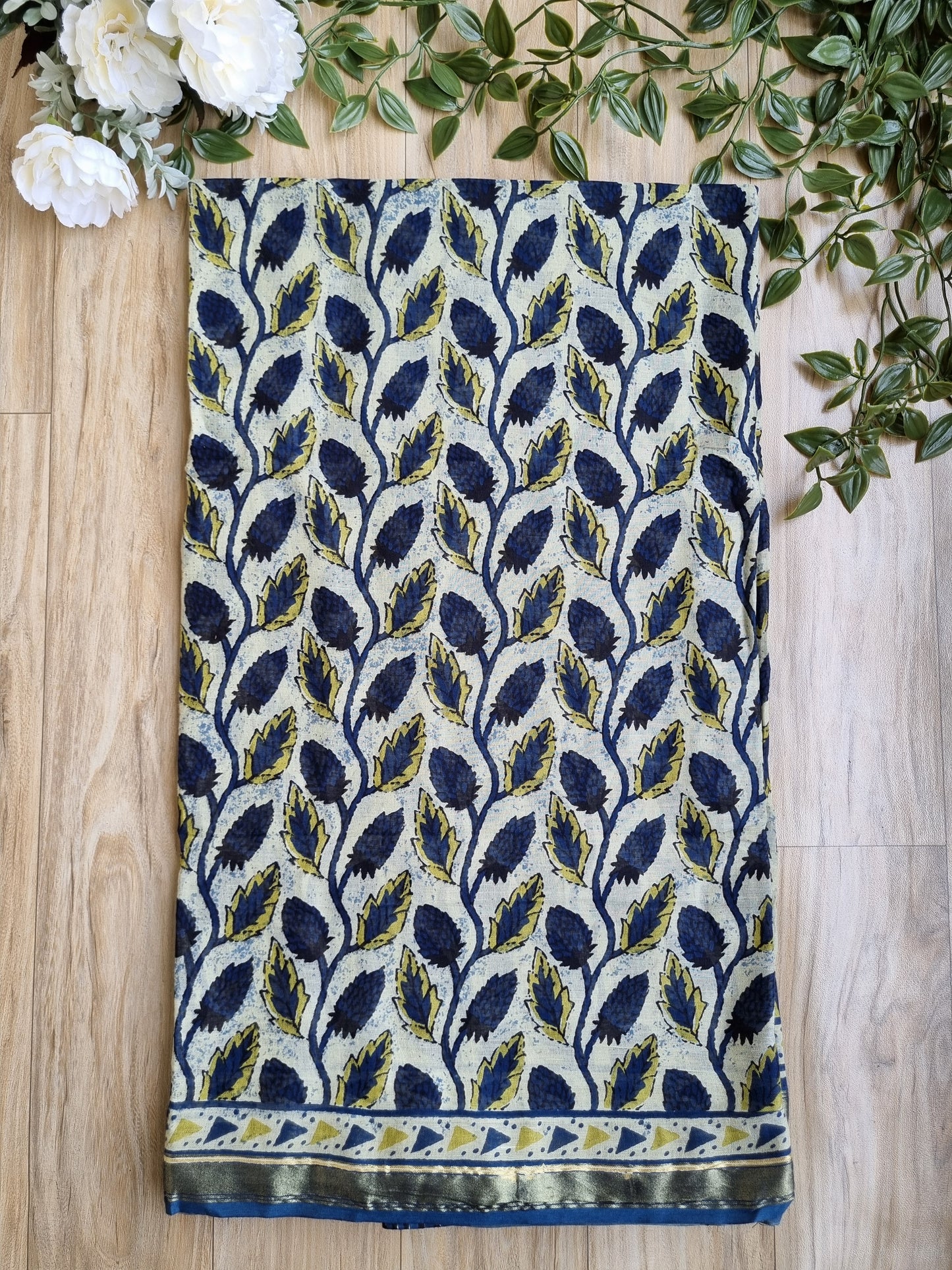 BLUE AND GREEN CHANDERI COTTON SAREE WITH SMALL ZARI