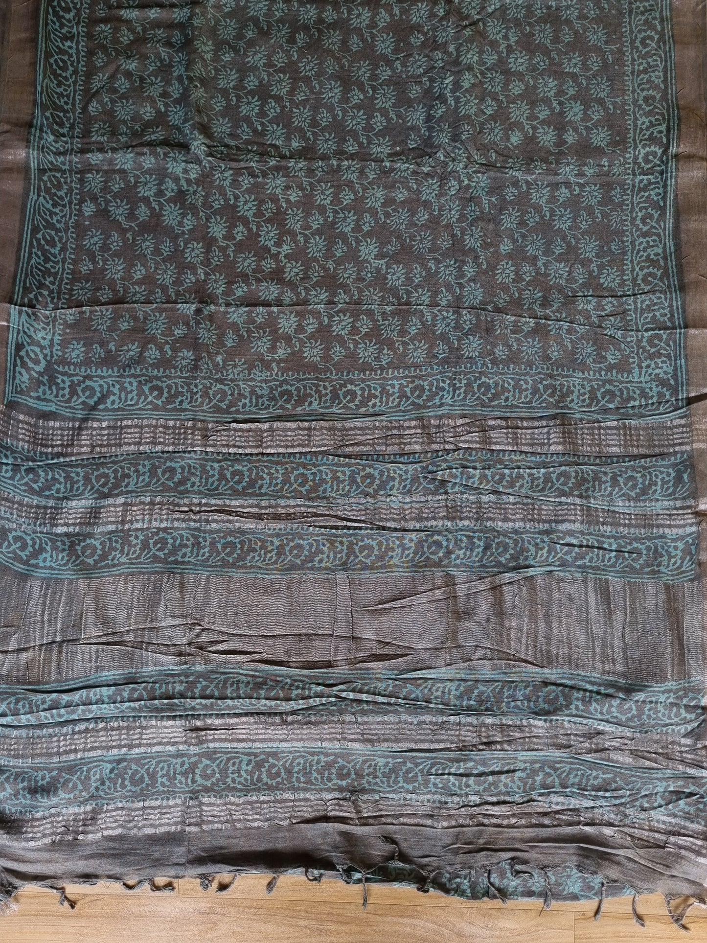 TEAL GREY COTTON LINEN SAREE WITH SILVER BORDER