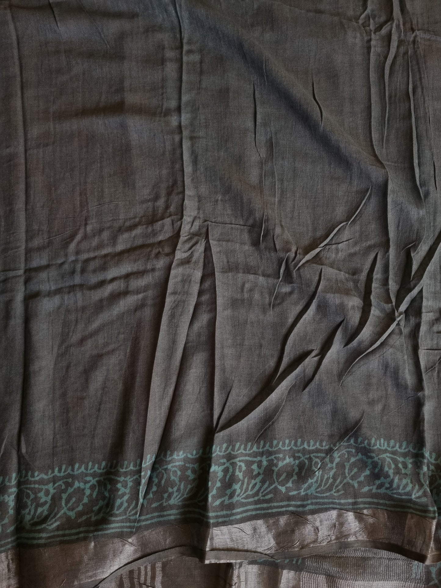 TEAL GREY COTTON LINEN SAREE WITH SILVER BORDER