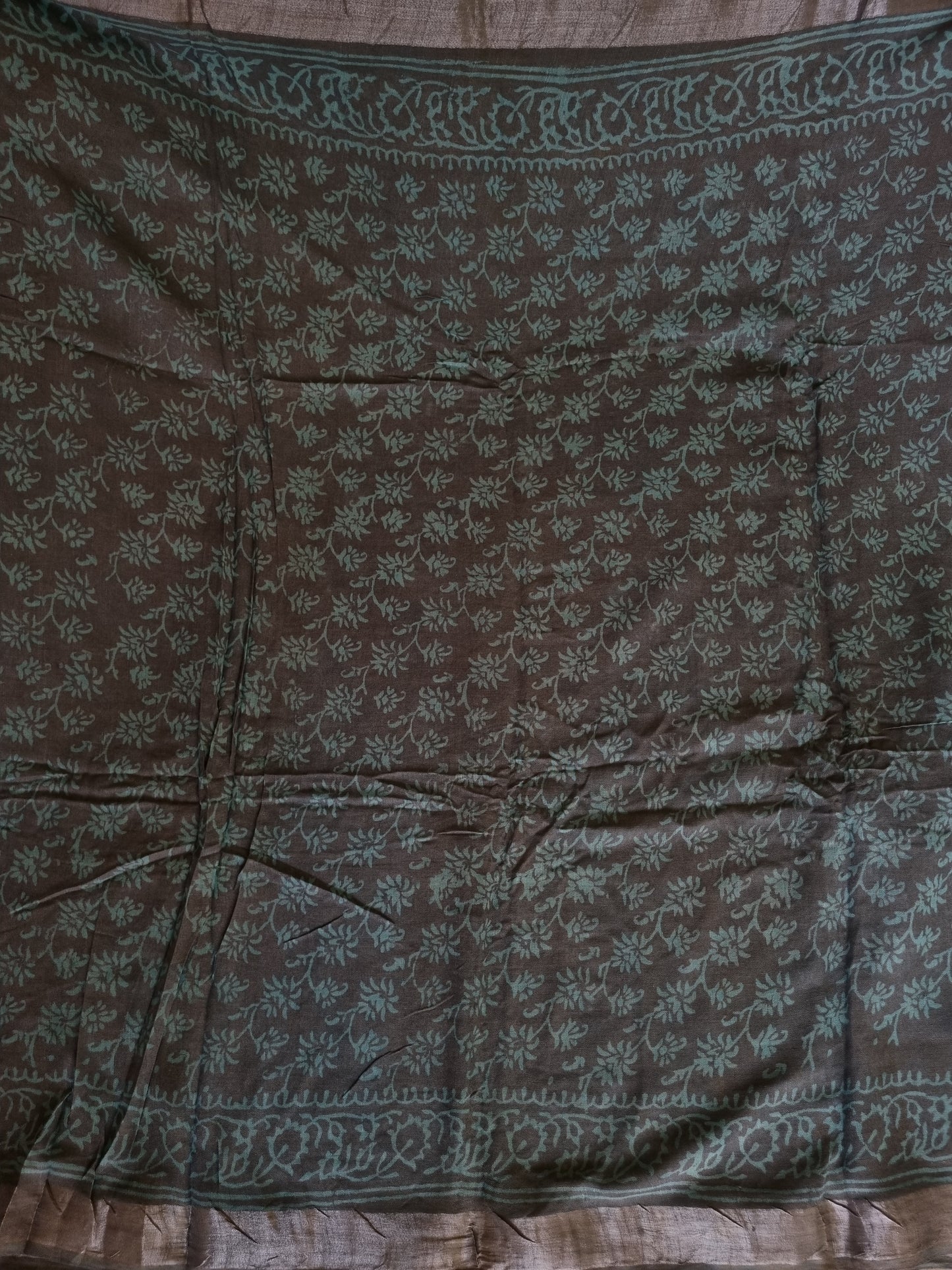 TEAL GREY COTTON LINEN SAREE WITH SILVER BORDER
