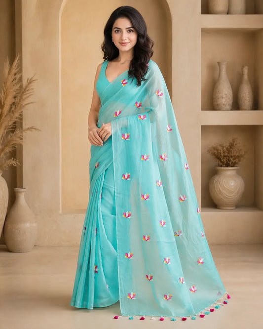 SKY BLUE LOTUS EMBROIDERED MUL COTTON SAREE