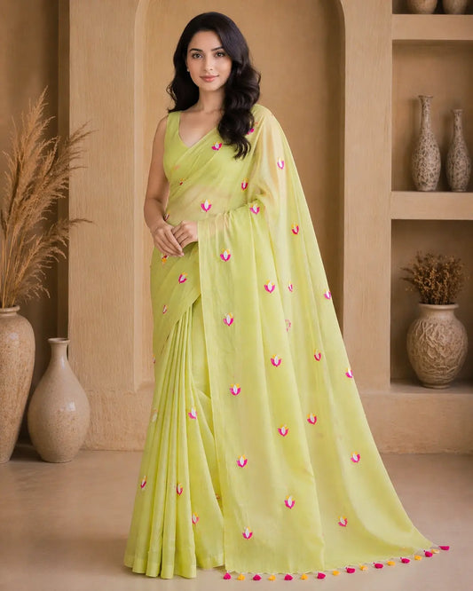 LIME LOTUS EMBROIDERED MUL COTTON SAREE