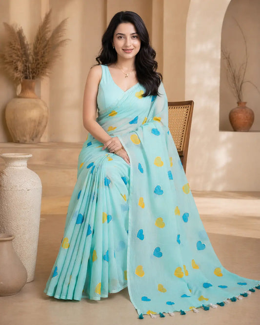 TORQUOISE HEART MUL COTTON SAREE