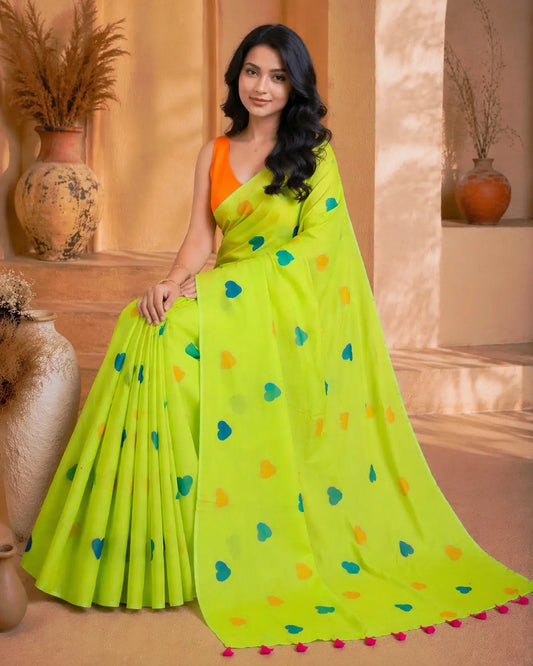 PARROT GREEN HEART MUL COTTON SAREE
