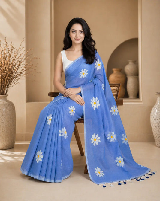 PURPLE FLORAL HAND PAINTED MUL COTTON SAREE