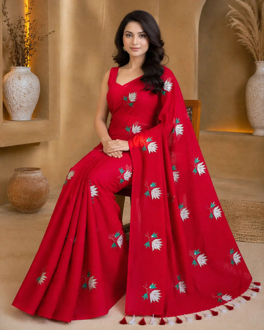 RED LOTUS SITARA MUL COTTON SAREE