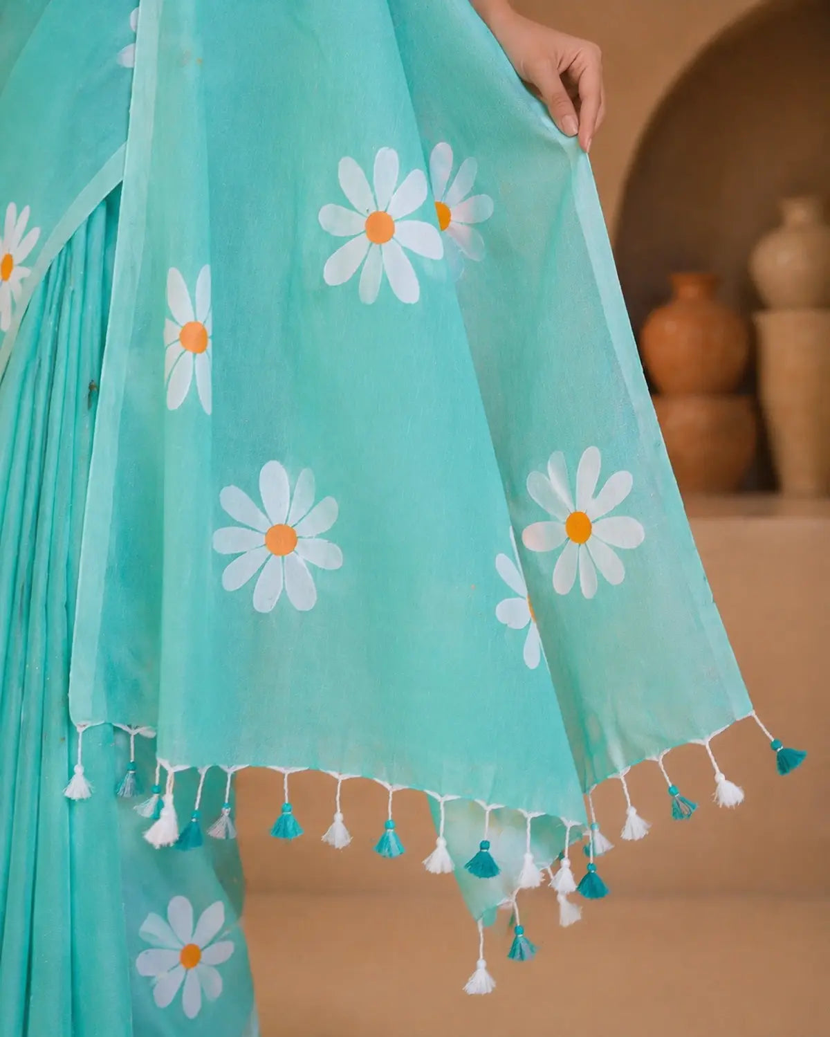 TURQUOISE BLUE FLORAL HAND PAINTED MUL COTTON SAREE