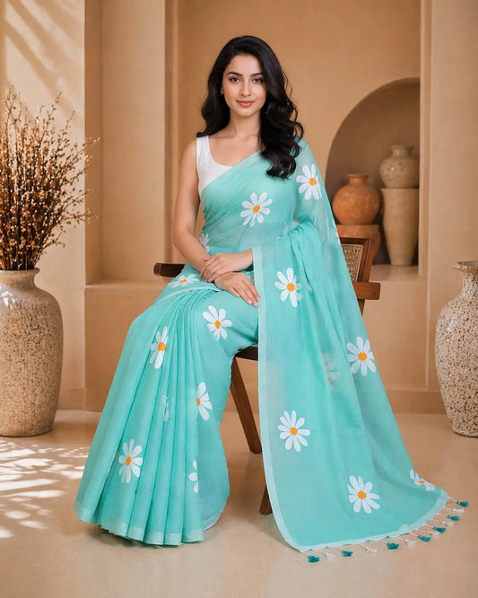 TURQUOISE BLUE FLORAL HAND PAINTED MUL COTTON SAREE