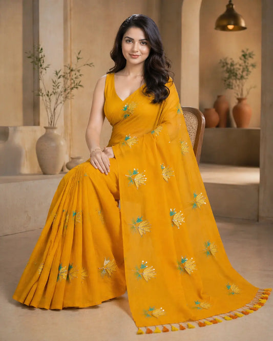 MUSTURD YELLOW LOTUS SITARA MUL COTTON SAREE