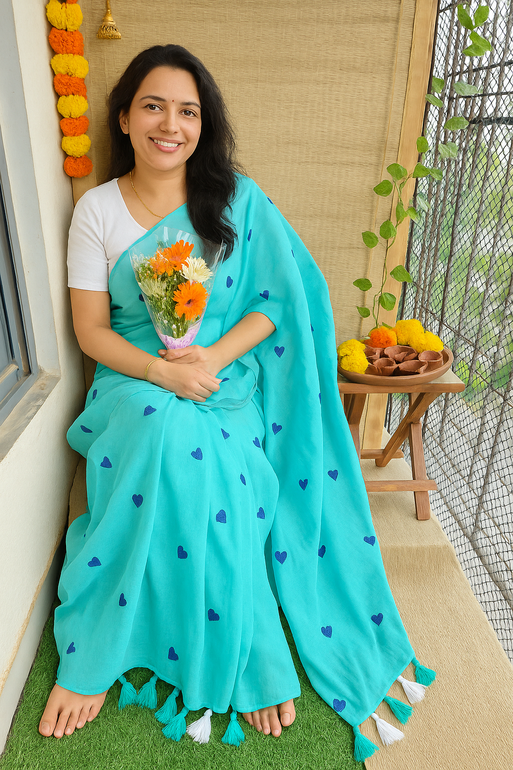 TORQUOISE BLUE HEART MUL COTTON SAREE