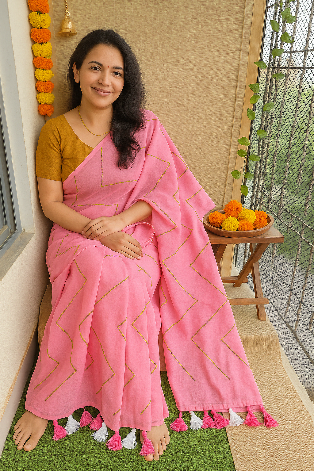 BABY PINK ZIG ZAG MUL COTTON SAREE