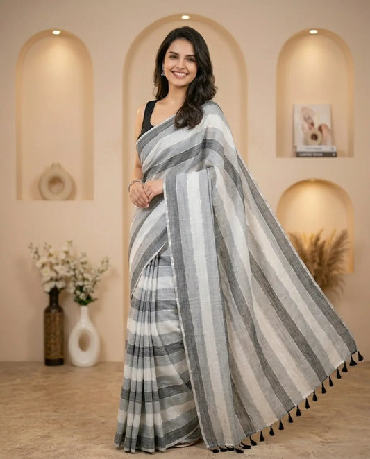 RAINBOW STRIPE GREY COTTON SAREE