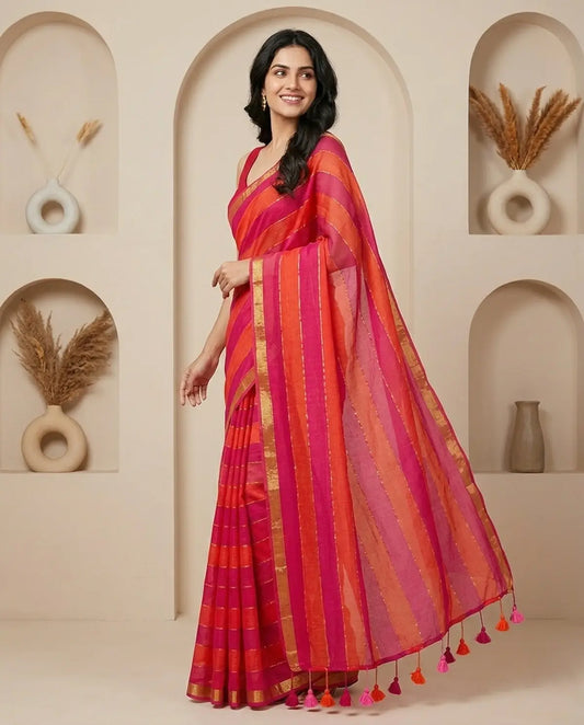 RAINBOW STRIPE RED MUL COTTON SAREE