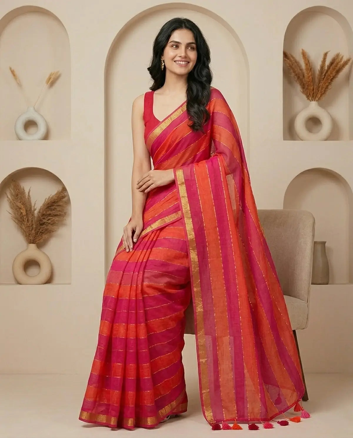 RAINBOW STRIPE RED MUL COTTON SAREE