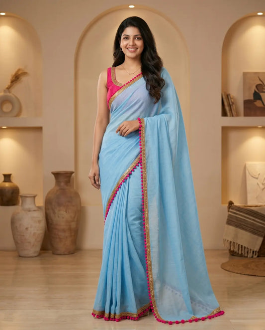 SKY BLUE LACE MUL COTTON SAREE