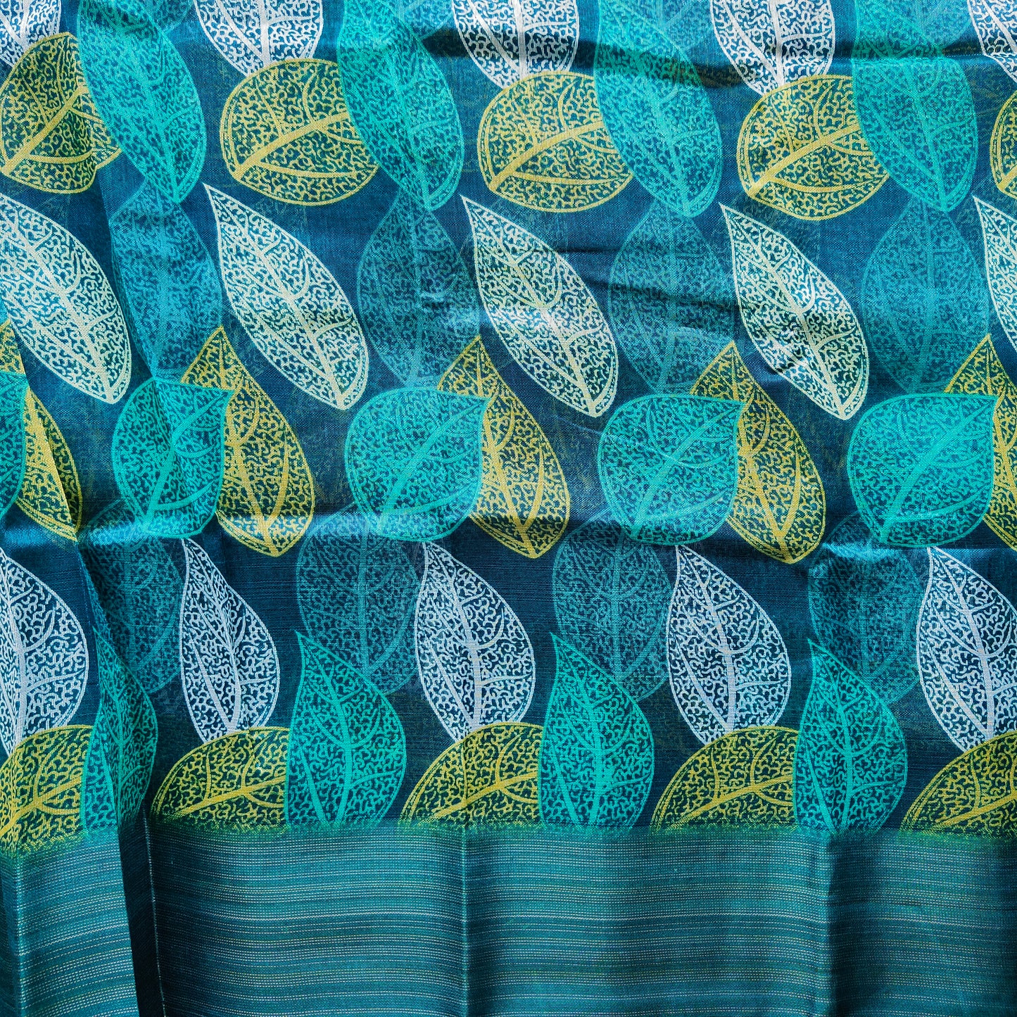 TEAL GREEN PRINTED COTTON SAREE