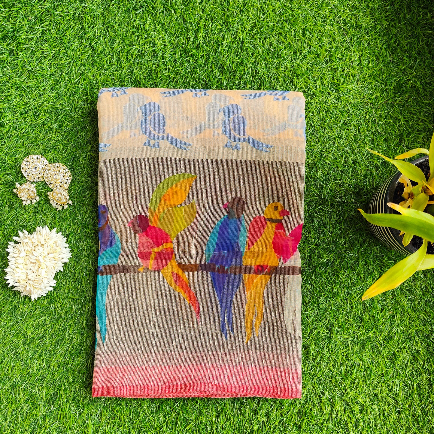 BEIGE PARROT KALAMKARI SAREE