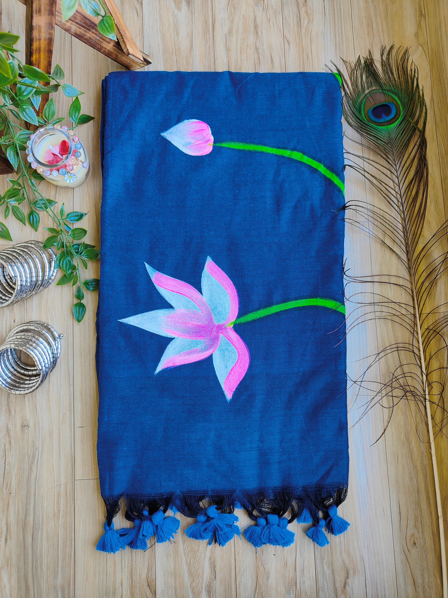 BLUE LOTUS HAND PAINTED KHADI COTTON SAREE