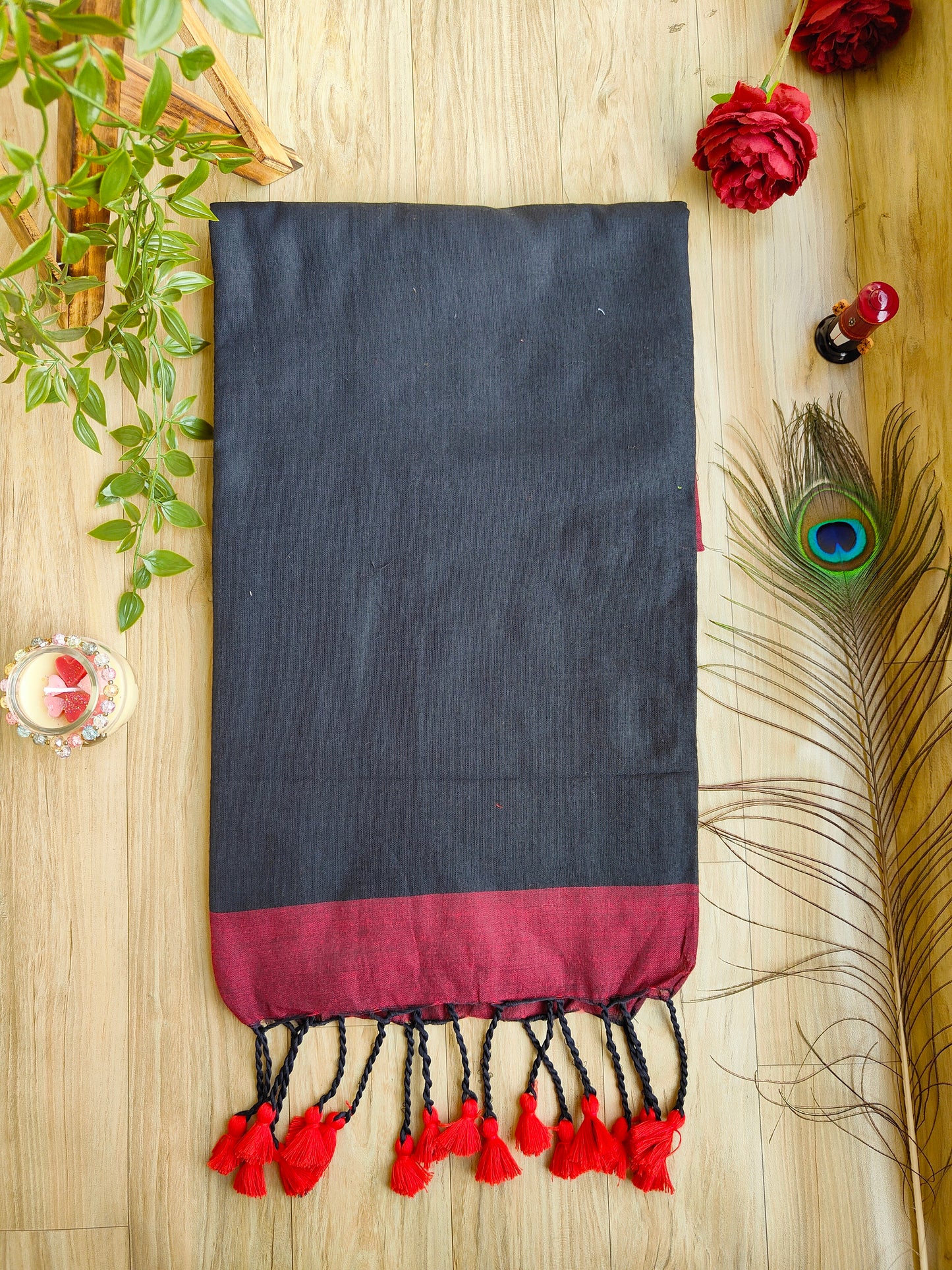 BLACK AND MAROON KHADI COTTON SAREE
