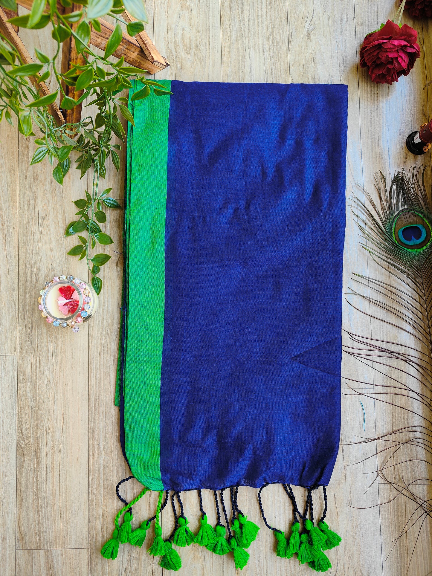 BLUE AND GREEN BORDER KHADI COTTON SAREE