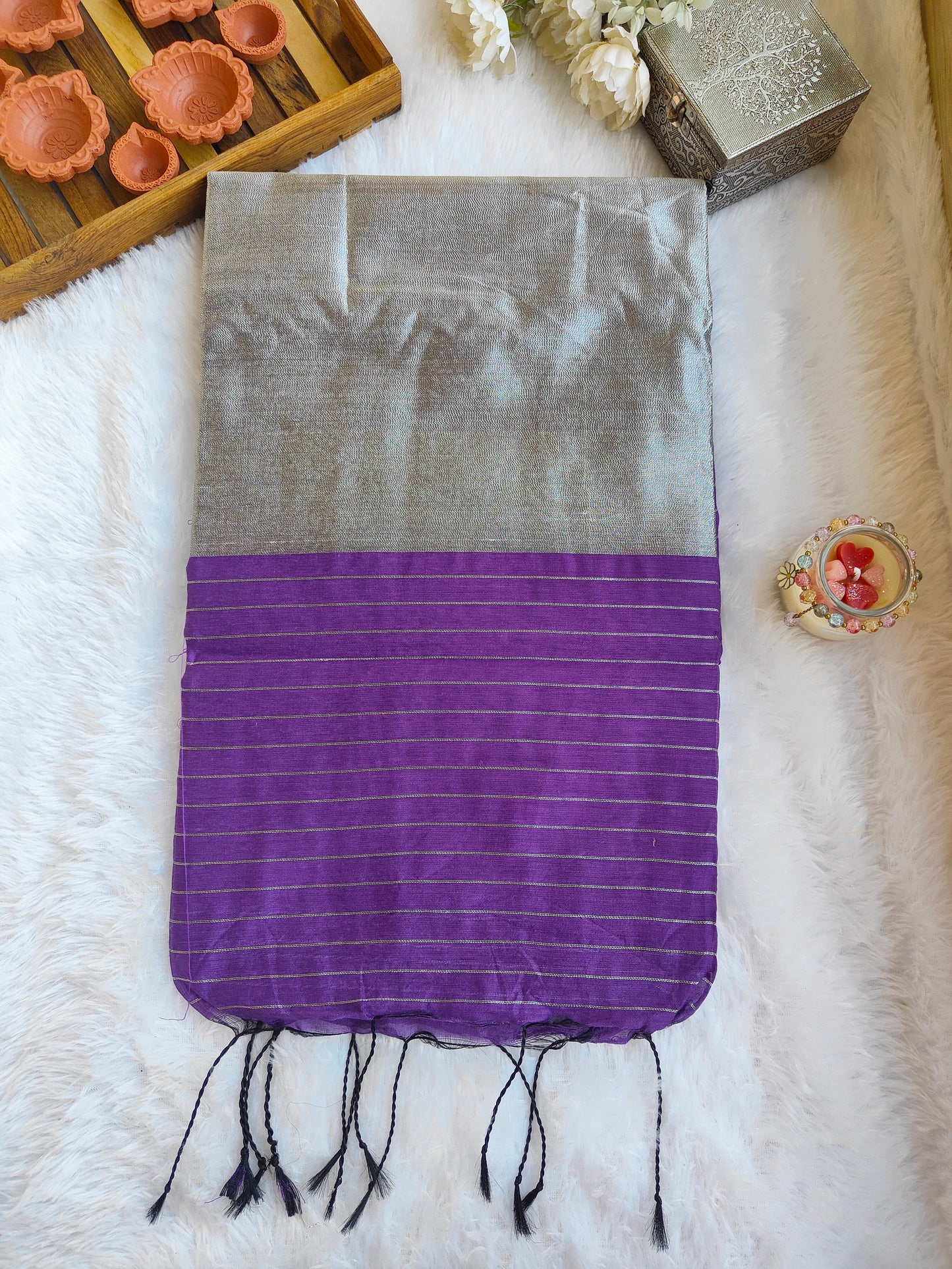 PURPLE AND SILVER COTTON ZARI SAREE