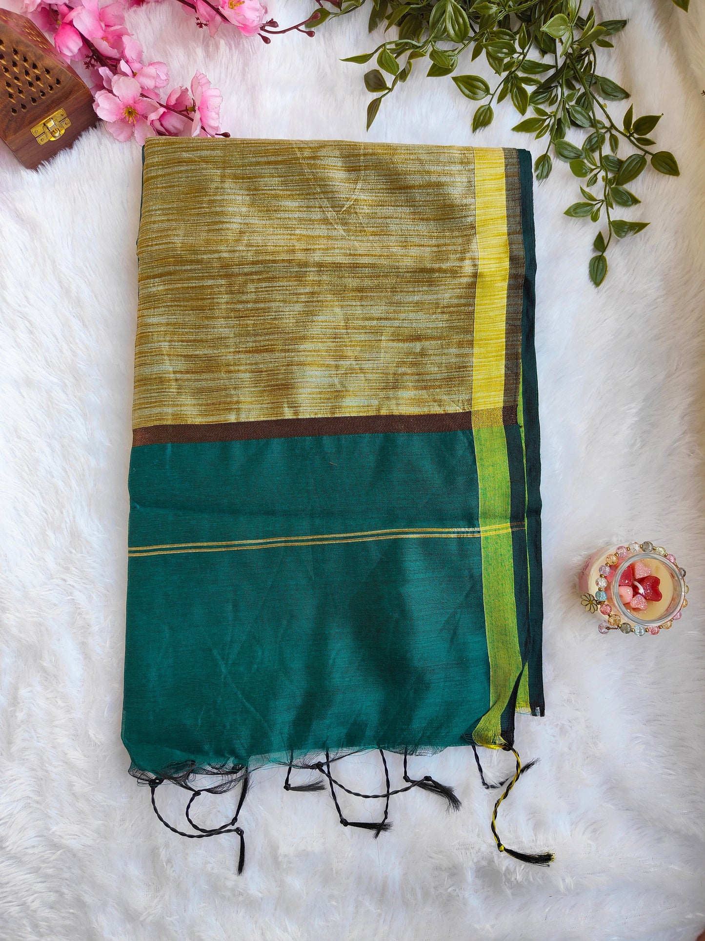 TEAL AND GOLD COTTON ZARI SAREE