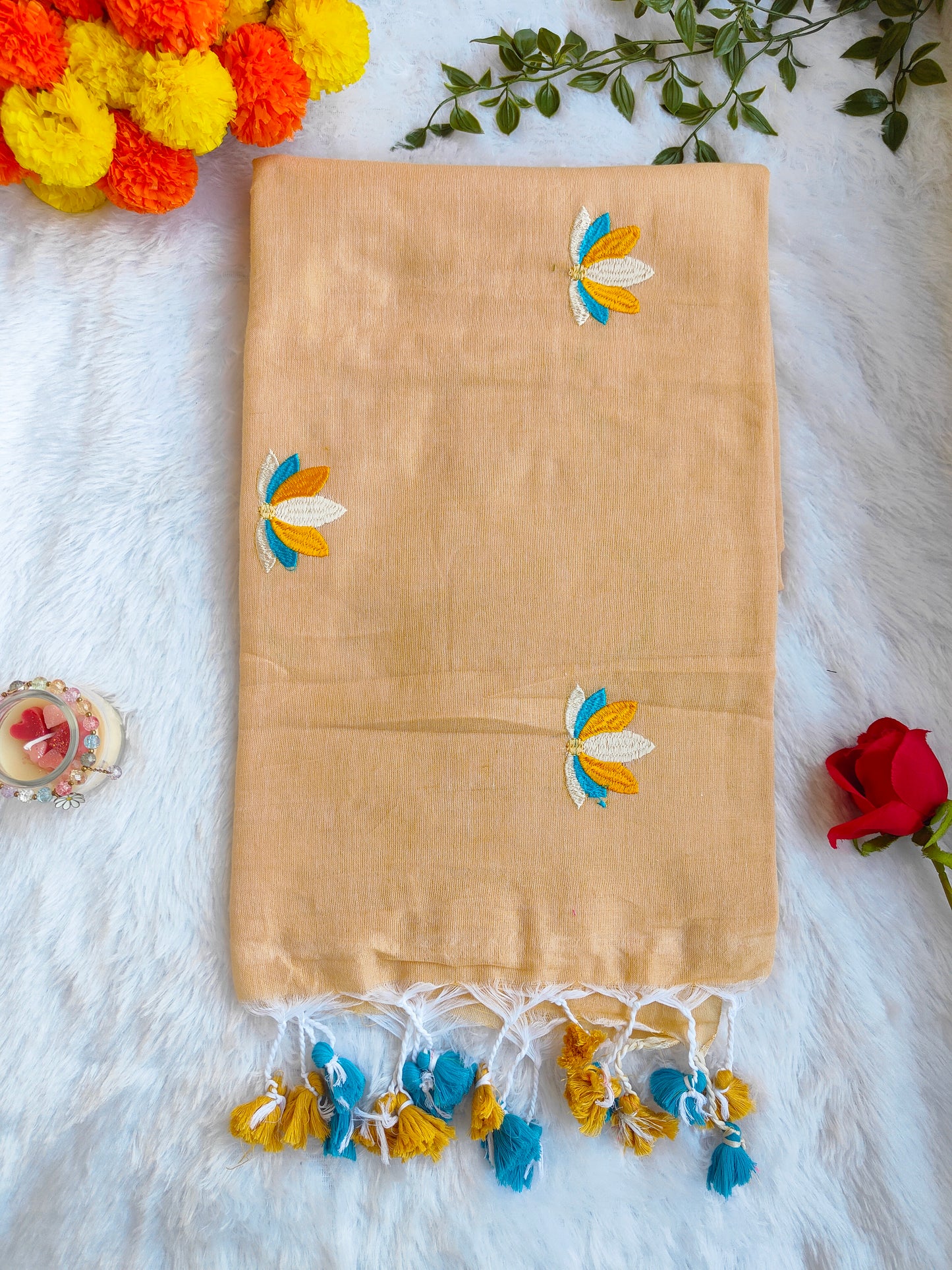 BEIGE LOTUS EMBROIDERED MUL COTTON SAREE