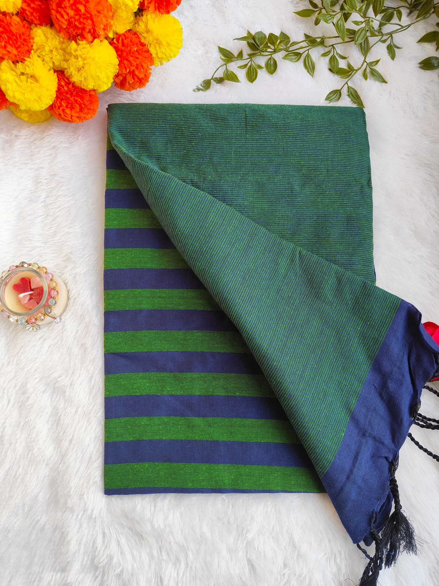 GREEN AND BLUE STRIPED KHADI COTTON SAREE