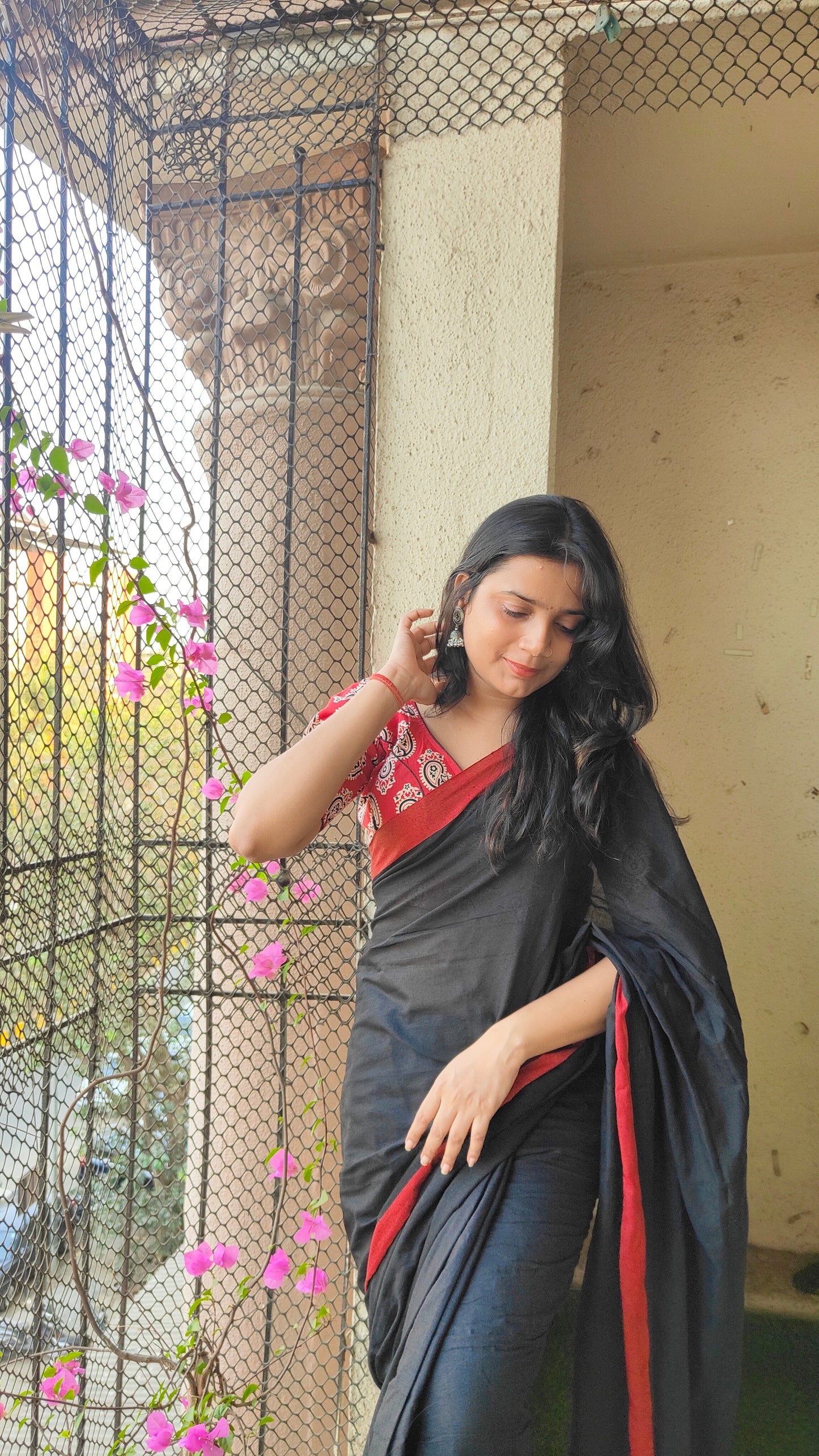 BLACK AND RED BORDER KHADI COTTON SAREE