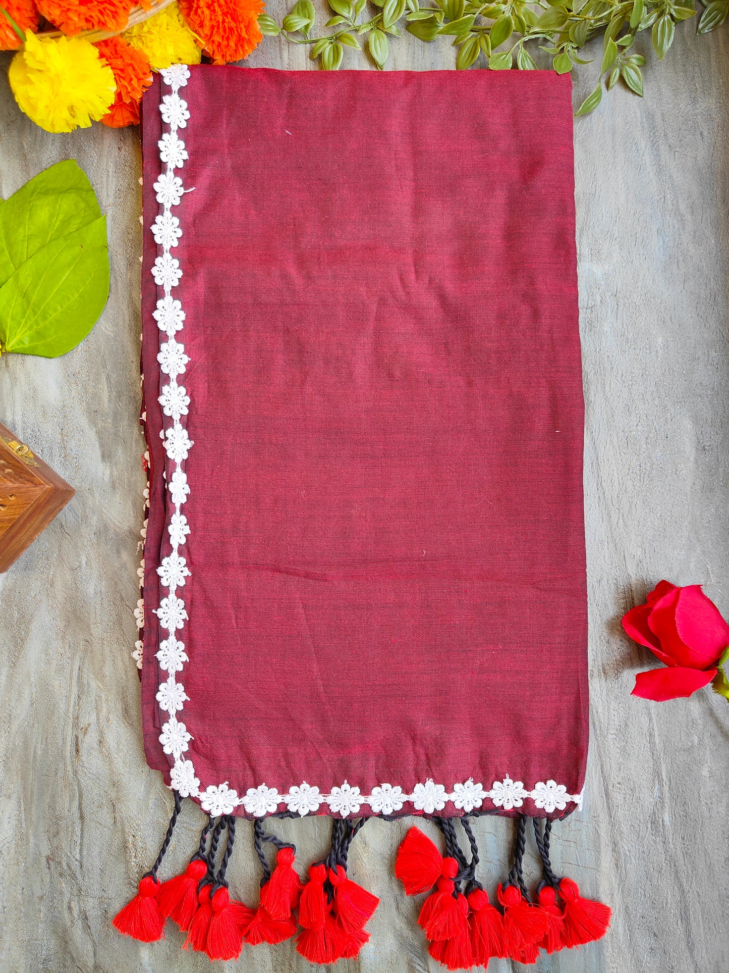 MAROON LACE KHADI COTTON SAREE