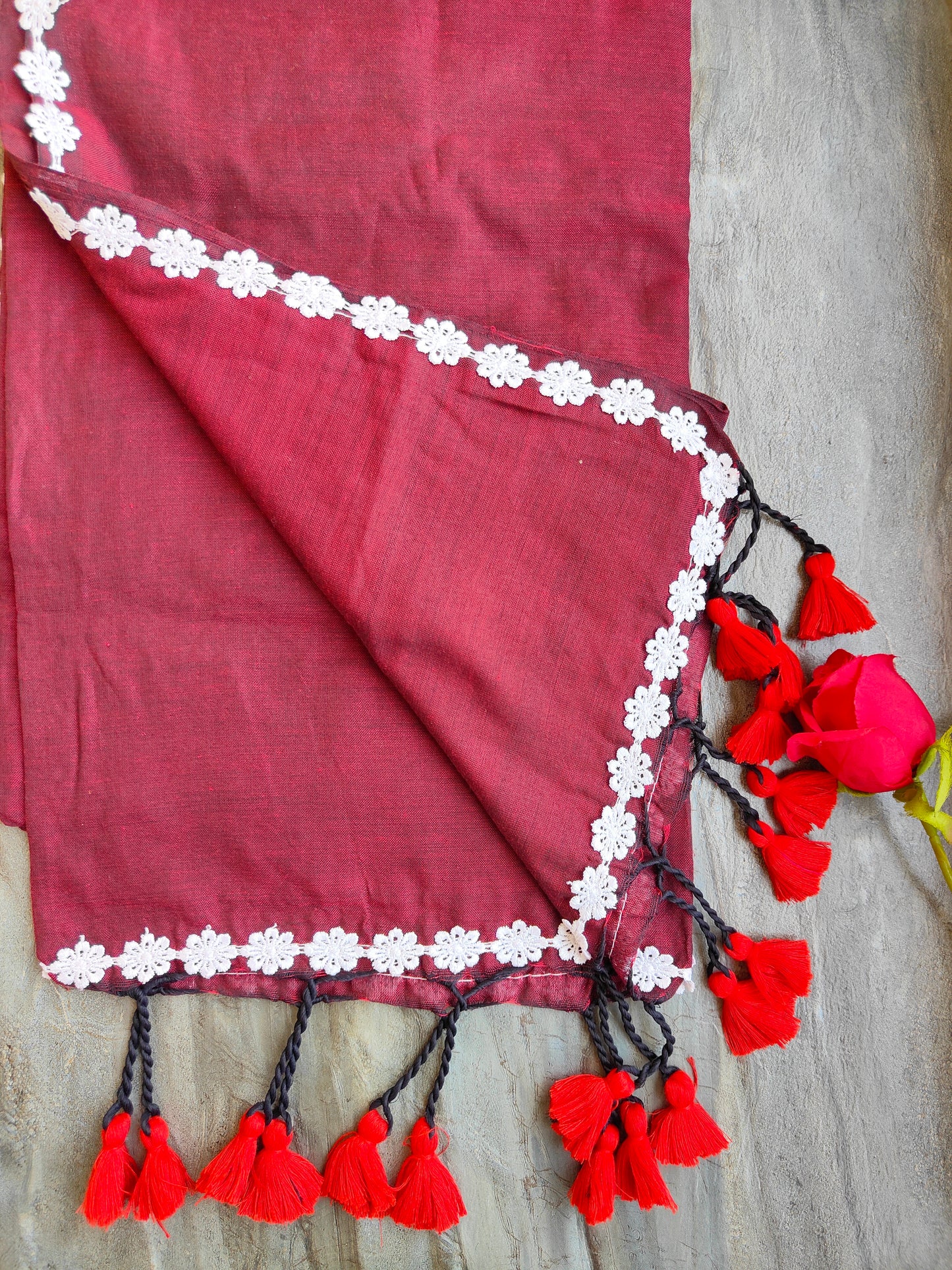MAROON LACE KHADI COTTON SAREE