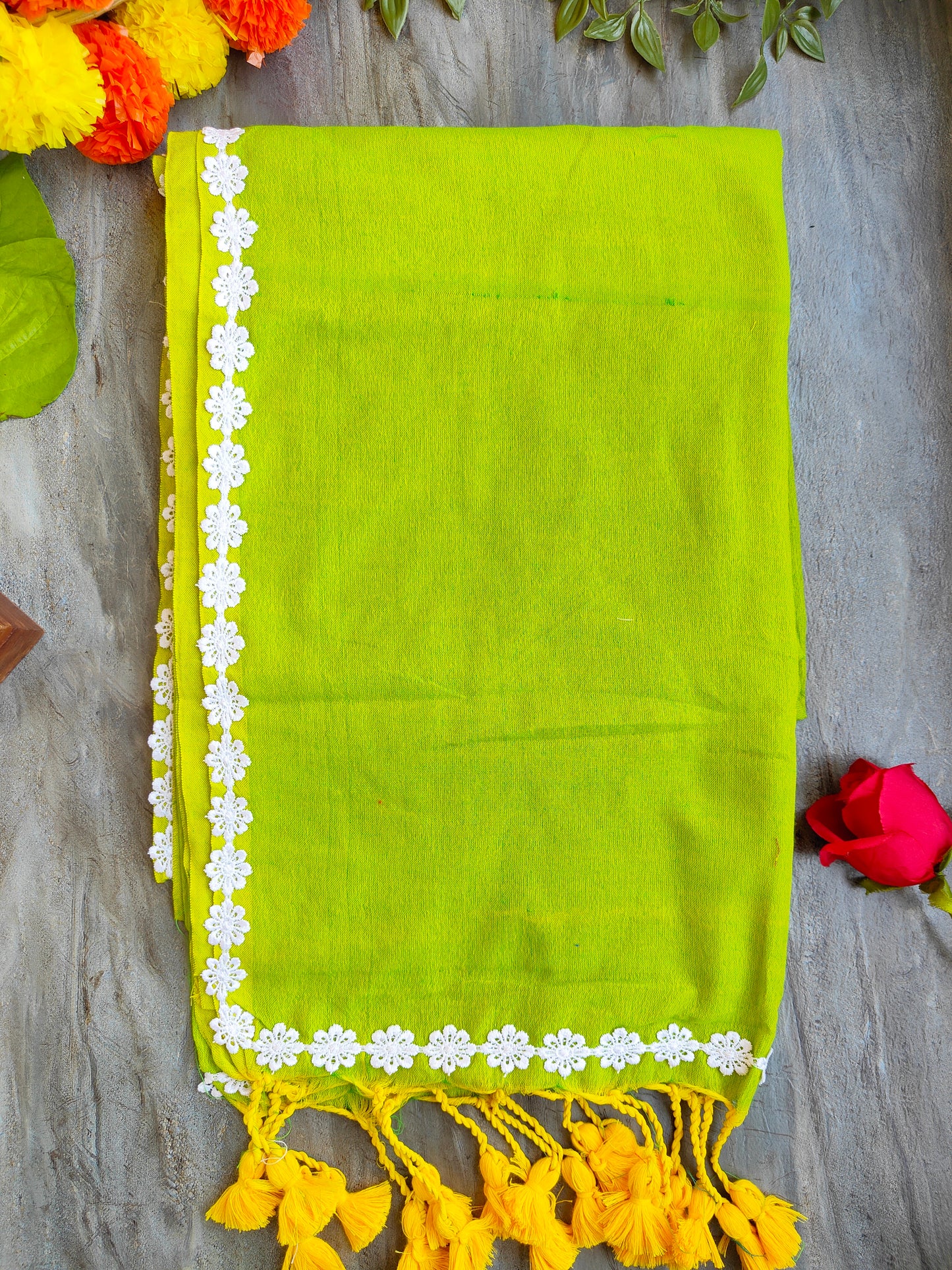 PARROT GREEN LACE KHADI COTTON SAREE