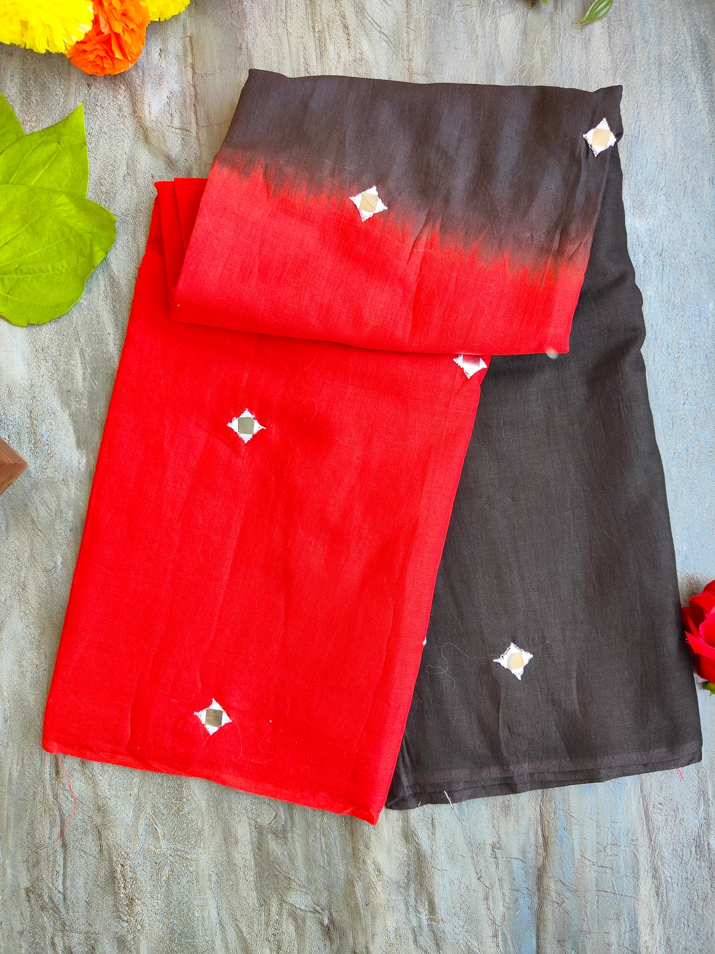 RED AND BLACK SITARA MUL COTTON SAREE