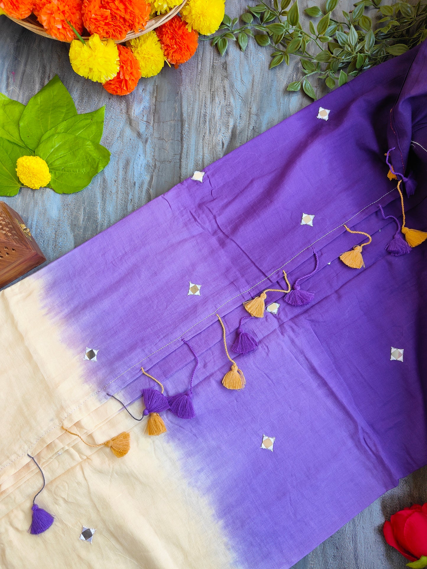 BEIGE AND PURPLE SITARA MUL COTTON SAREE