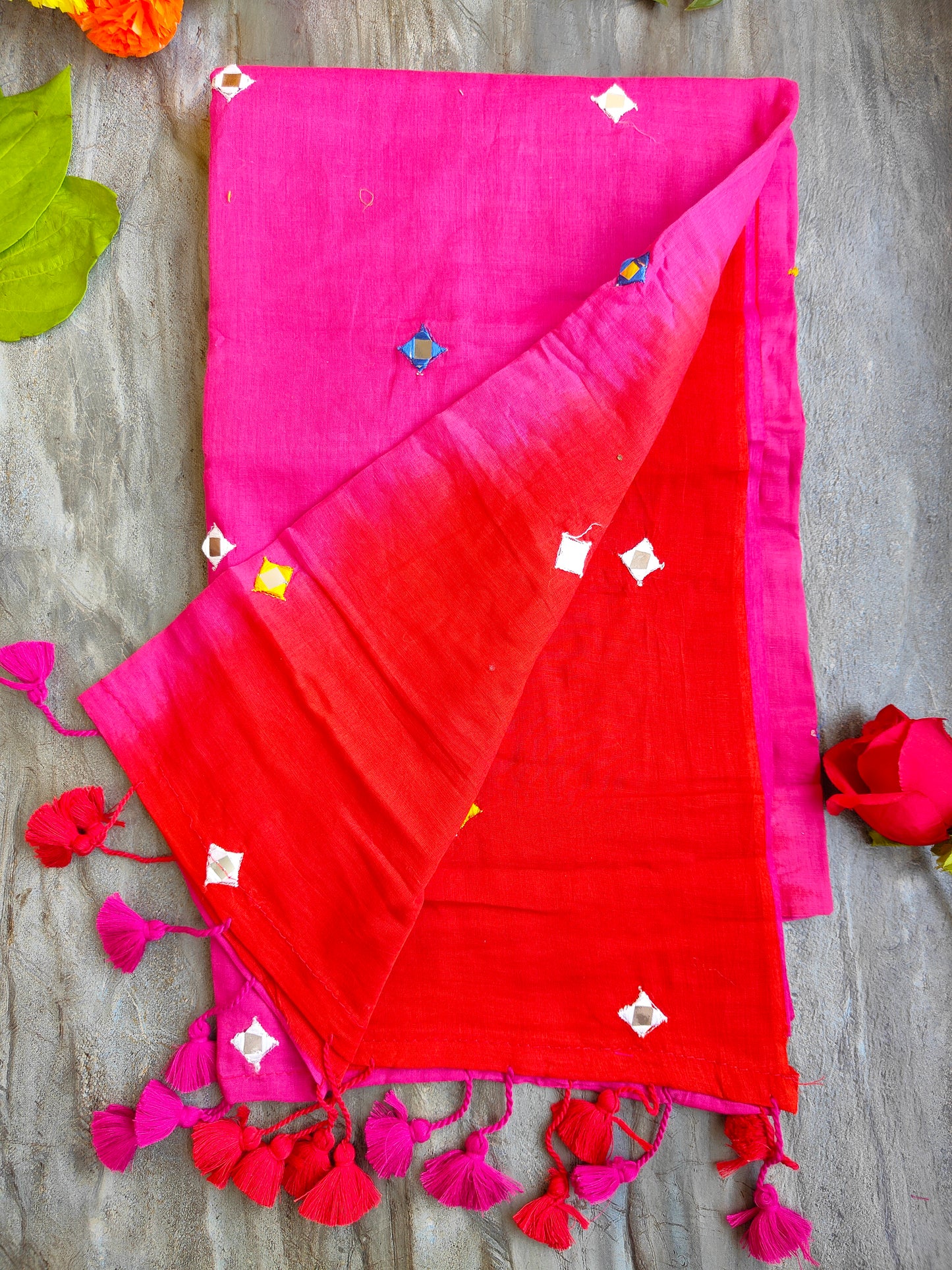 PINK AND RED SITARA MUL COTTON SAREE