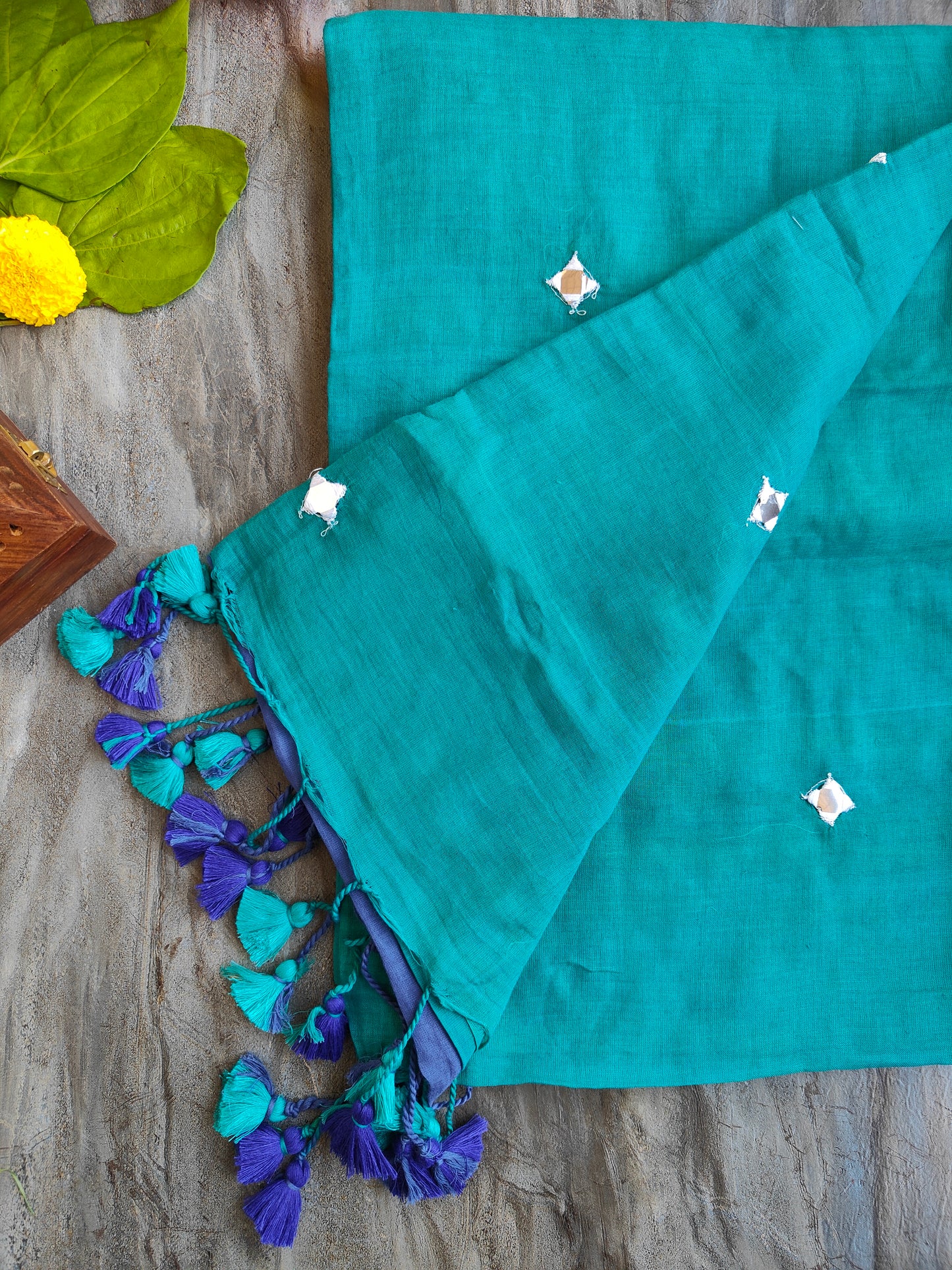 TEAL AND BLUE SITARA MUL COTTON SAREE