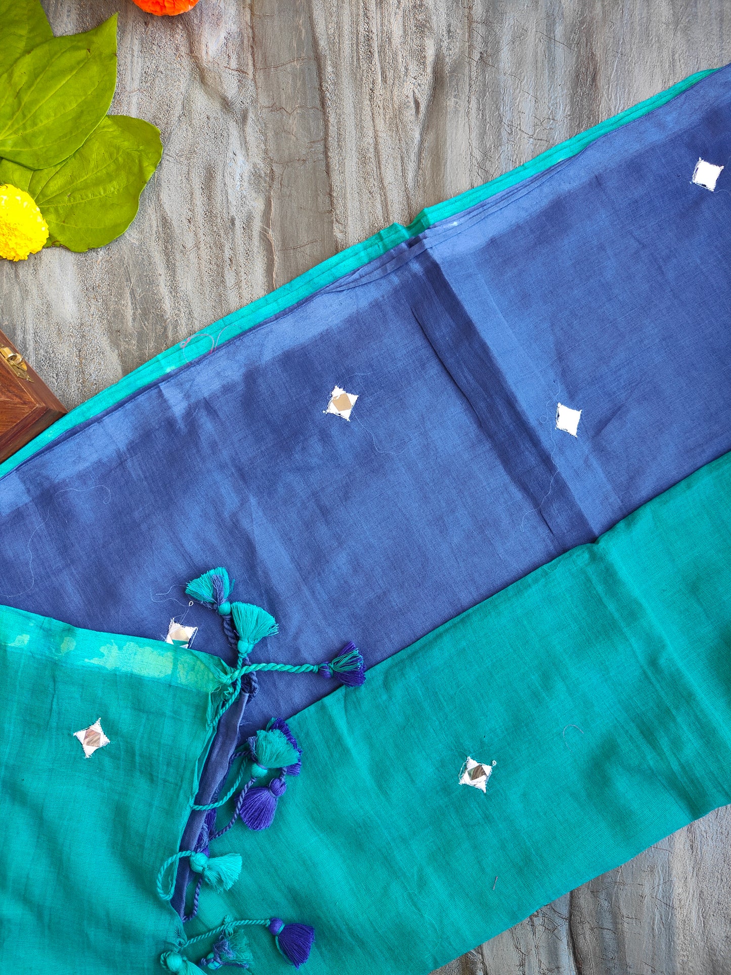 TEAL AND BLUE SITARA MUL COTTON SAREE